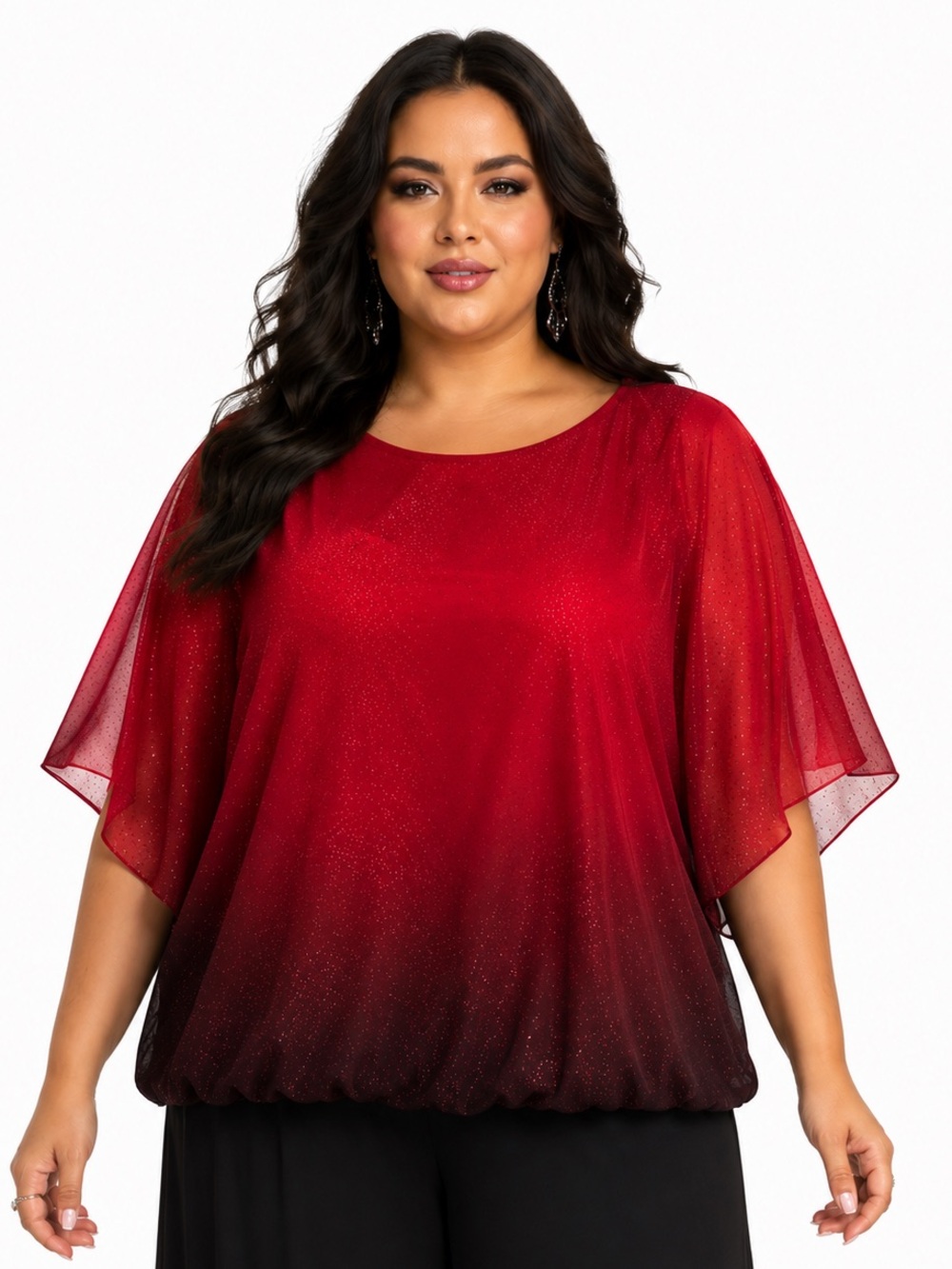 Plus size Red Ombré Sparkle Shimmer Flutter Style Sleeves Blouse Sz 3X
